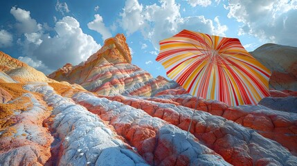 Striped Umbrella Against a Colorful Mountain Landscape