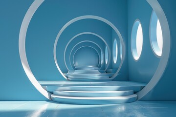 Obraz premium Futuristic blue hallway with circular arches and steps, leading towards the light. Concept of future, technology, architecture, and design.