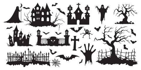 Vector set of black silhouettes on a white background, spooky elements for Halloween