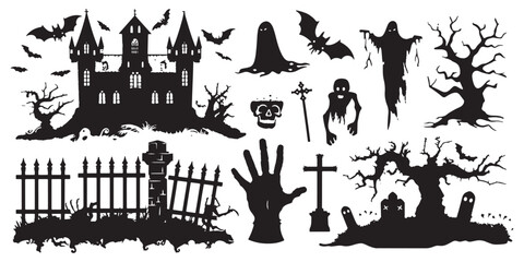 Vector set of black silhouettes on a white background, spooky elements for Halloween