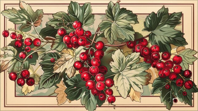 Red currant berries arranged in a rectangular frame for compot jar stickers