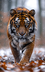 Fototapeta premium A tiger is walking through the snow with its head held high. The contrast between the tiger's orange