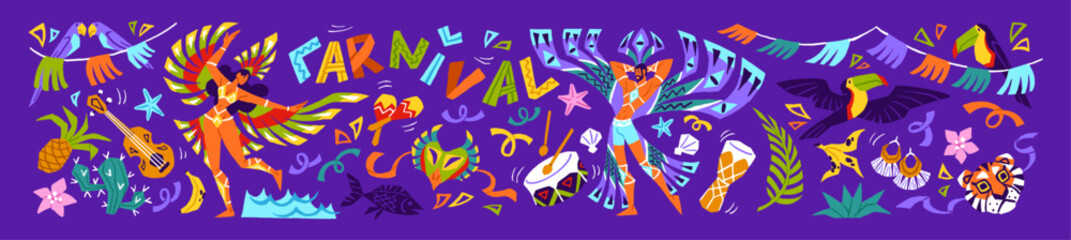 Colourful banner of Brazil carnival. Bright horizontal poster of Brasil party. Brazilians celebrate of Latin festival, people dance to music. Tropical leaves, exotic toucans. Flat vector illustration
