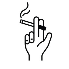 hand holding a lit cigarette between two fingers, with smoke rising from the burning tip outline black and white outline style