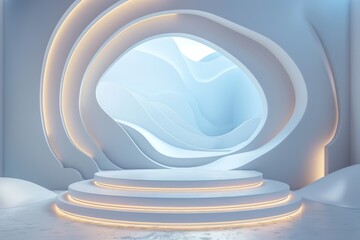 Obraz premium Minimalistic futuristic white podium with neon light in an abstract background, ideal for product showcase, 3d render