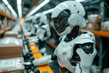 Fototapeta premium Futuristic robot with artificial intelligence working on a parcel shipping line for package shipments
