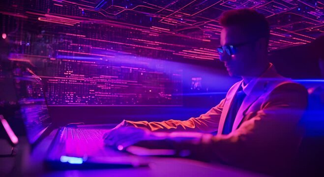 an inteligent people that worked with computer with hologram data background motion video, footage