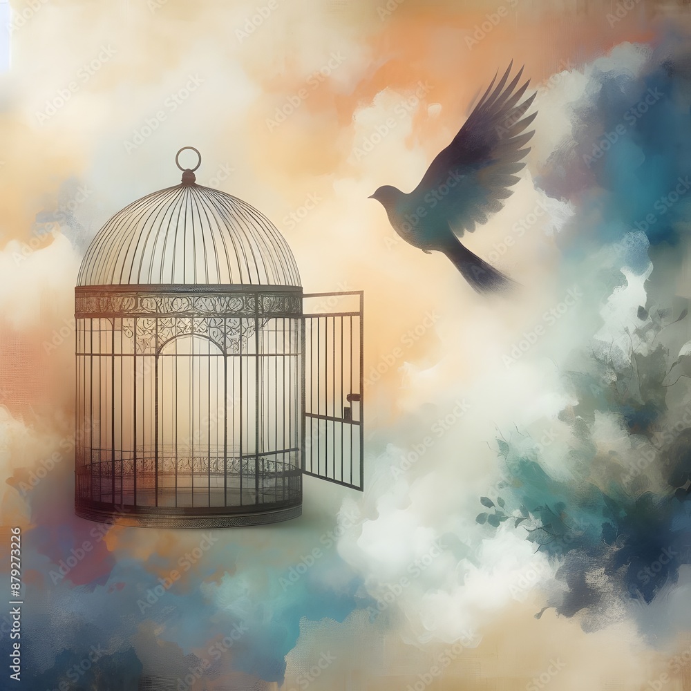 Poster an open birdcage with the door ajar, set against a textured background with abstract elements genera