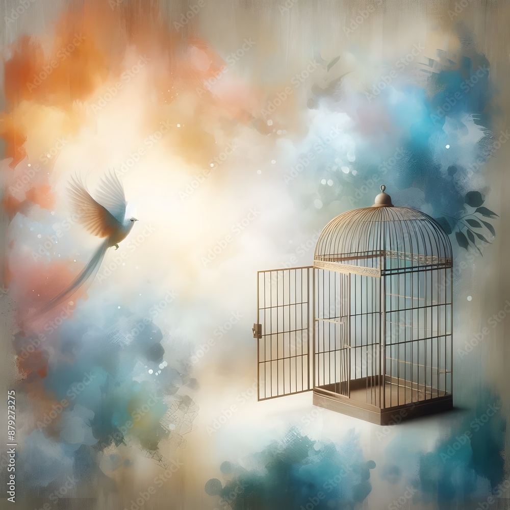 Poster an open birdcage with the door ajar, set against a textured background with abstract elements genera