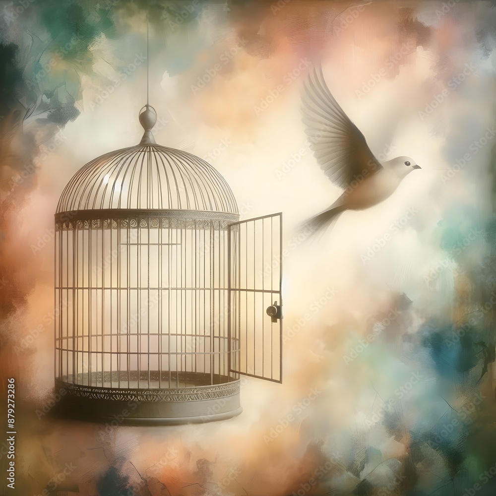 Poster an open birdcage with the door ajar, set against a textured background with abstract elements genera
