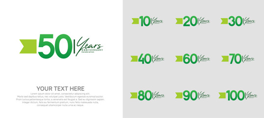 anniversary logotype set. green number and ribbon for celebration