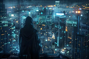 Hooded Figure Overlooking Futuristic Cityscape with Targeted Phishing Campaigns and Surveillance Technology