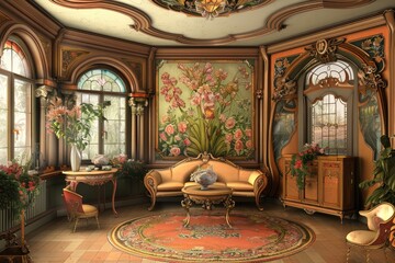 Obraz premium Interior Design Art Nouveau wallpaper featuring elaborate floral patterns