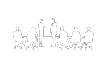 Line art drawing of business people are discussing,  meetings,success on white background.