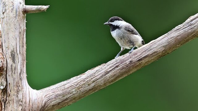 Black-capped Chickadee foraging for food on the limb of a standing dead Cedar tree
