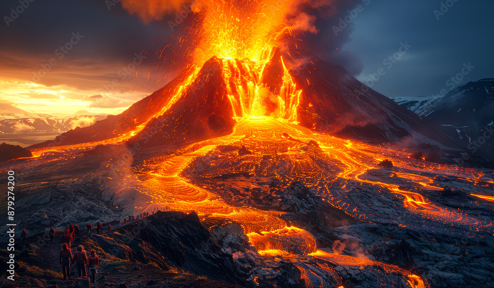 Poster a volcano erupts with lava spewing out of it. the lava flows down the side of the volcano, creating 