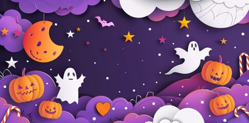 Halloween background with pumpkins, candy and stars in the paper cut style of an artist on a purple colored banner for web design or print.