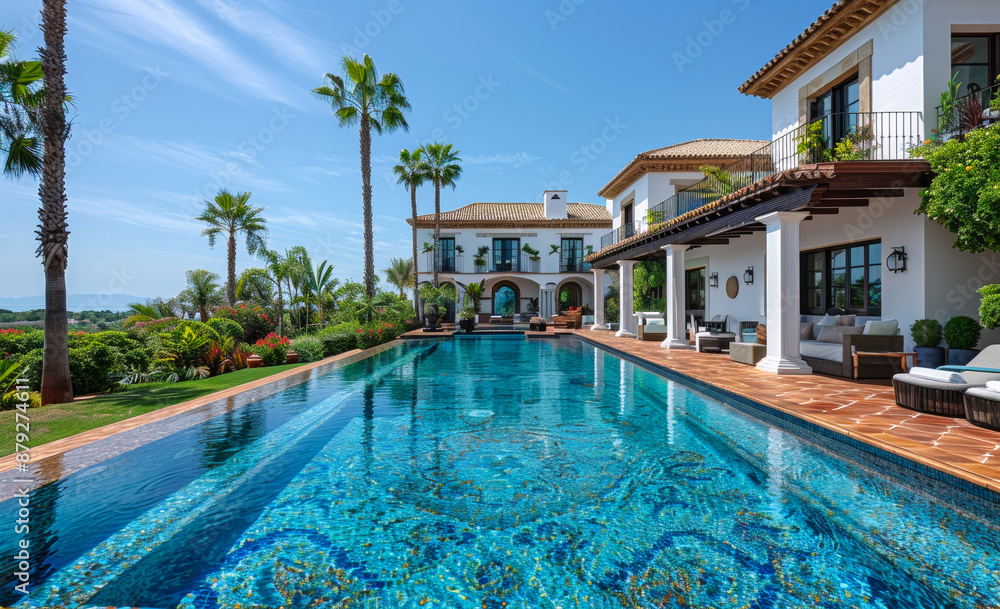 Poster a large pool with a white house in the background. the pool is surrounded by palm trees and has a bl