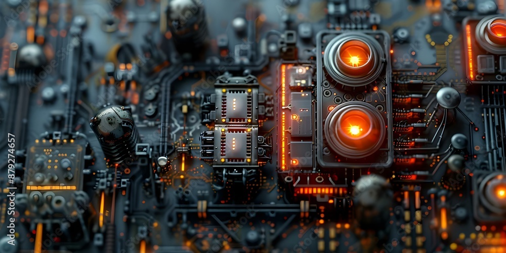 Poster detailed view of elaborate robot circuitry and mechanical parts. concept robot circuitry, mechanical
