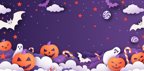 Halloween background with pumpkins, candy and stars in the paper cut style of an artist on a purple colored banner for web design or print.