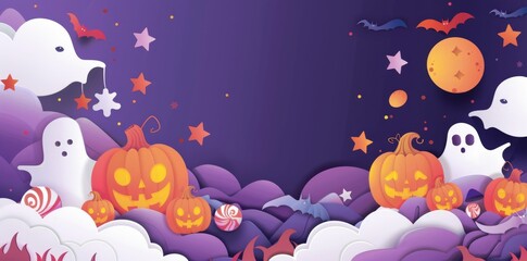 Halloween background with pumpkins, candy and stars in the paper cut style of an artist on a purple colored banner for web design or print.