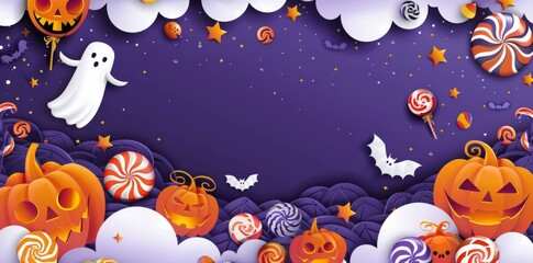 Halloween background with pumpkins, candy and stars in the paper cut style of an artist on a purple colored banner for web design or print.