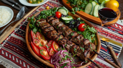 Grilled Azerbaijani shish kebab served on a traditional tablecloth. Fresh salad, eggplant salad, tomatoes, cucumbers, herbs, and a glass of red wine accompany the dish.