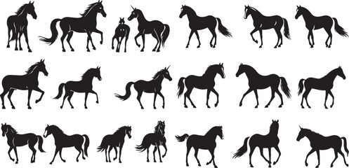 set of silhouettes of horses. horses running. isolated
