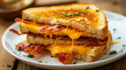 Grilled cheese sandwiches with cheddar and bacon on a white plate