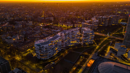 Night Milan view from above. District City Life