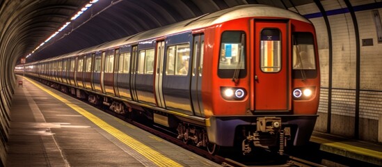Obraz premium Subway Train Approaching Platform in Tunnel