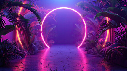 Fototapeta premium Futuristic Summer Beach Party with Bright Neon Lights and Tropical Palms