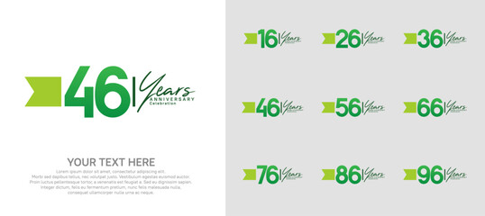 anniversary logotype set. green number and ribbon for celebration