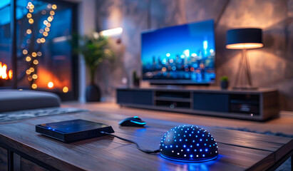 A small device with a blue light sits on a wooden table in a living room