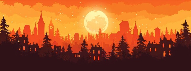 Obraz premium Halloween background with a silhouette of a haunted house, full moon and spooky trees on an orange sky.