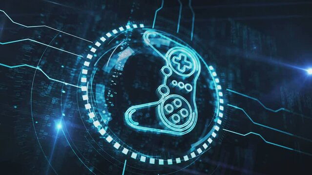 Vertical video: Gaming pad and joystick play video game symbol digital concept. Network, cyber technology and computer background abstract 3d seamless and loopable.