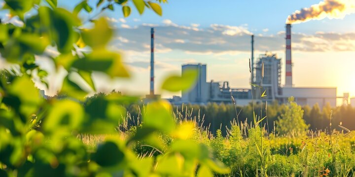 Facility for carbon capture and storage in the background. Concept Carbon Capture and Storage, Environmental Conservation, Climate Change Action, Sustainable Technology, Green Energy Efforts