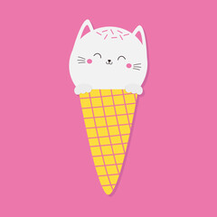Waffle cone ice cream with cat face. White kawaii kitten head. Cute cartoon animal silhouette. Funny baby kitty. Happy Valentines Day. Love card. Childish style. Flat design. Pink background. Vector