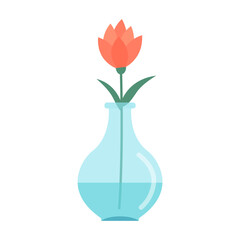 Pink flowers collection. Flower in vase. Transparent glass vases with blue water. Tulip, rose. Cute colorful icon collection. Ceramic Pottery decoration. White background Isolated. Flat design. Vector