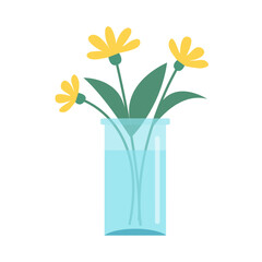 Flower in vase. Transparent glass vases with blue water. Yellow flowers collection. Daisy, gerbera. Cute colorful icon collection. Ceramic Pottery decoration. White background. Flat design. Vector