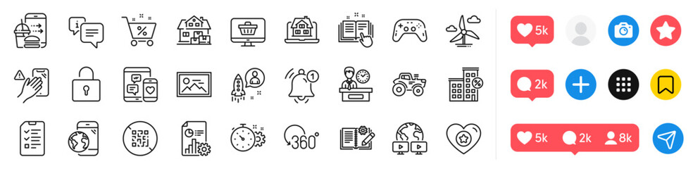 Presentation time, Loan house and Info line icons pack. Social media icons. Tractor, Photo, Home moving web icon. Mobile internet, Report, Windmill turbine pictogram. Vector