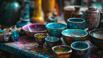 Fototapeta premium Assorted colorful pottery on an artist's table