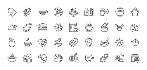 Peanut, Vegetable and Cutting board line icons pack. AI, Question and Answer, Map pin icons. Croissant, Pumpkin seed, Pasta web icon. Teapot, Apple, Pecan nut pictogram. Vector