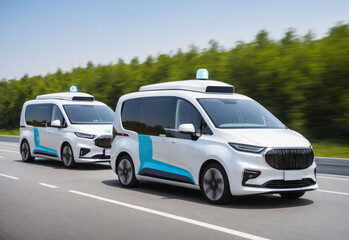 futuristic robotaxi or van trucks fleet on highway with full self driving system activated for transportation