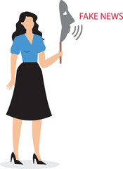 Dishonesty lies or scam fraud or fake hiding behind disguise mask business cheating or suspicion false or fake news concept dishonest businesswoman hiding behind disguise mask pretend to lying