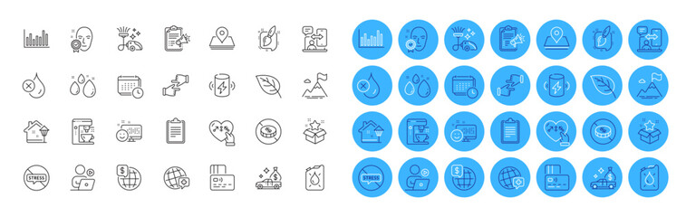 Stop stress, World medicine and Clipboard line icons pack. Card, Painting brush, Charge battery web icon. Calendar, Bar diagram, Water drop pictogram. Coffee maker, Street light, World money. Vector
