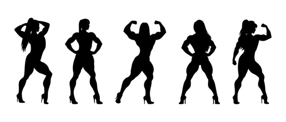 Silhouettes of female bodybuilder.  Bodybuilding black filled vector Illustration icon.