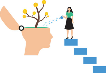 Financial mindset for investor to growing profit rich mindset or knowledge to grow business psychology or knowledge for investment concept businesswoman watering plant with money from human head