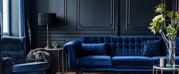 An elegant living room interior with a dark blue couch and a matching armchair, creating a sophisticated and cohesive look