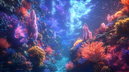 Obraz premium Ethereal Cosmic Oceanic Panorama with Alien-Like Marine Organisms and Iridescent Coral Structures